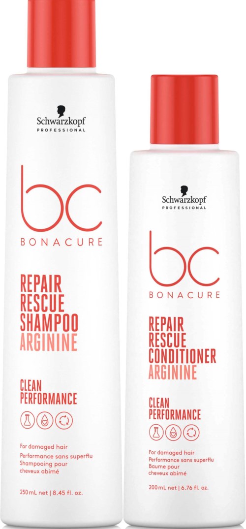 Två flaskor Schwarzkopf Bonacure Repair Rescue schampo och balsam med röda lock och vita flaskor med röd text.