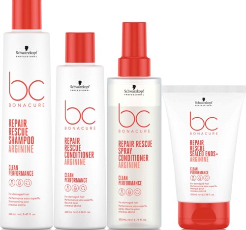 Four hair care products from Schwarzkopf, including shampoo, conditioner, spray, and cream, all labeled for repair and rescue.