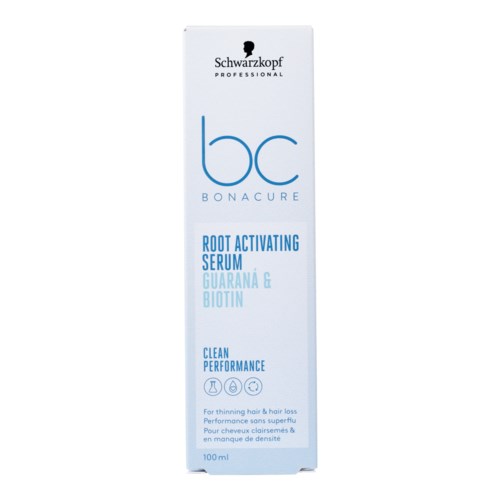 En vit förpackning av Schwarzkopf BC Bonacure rotaktiverande serum med blå och svart text, 100ml storlek.