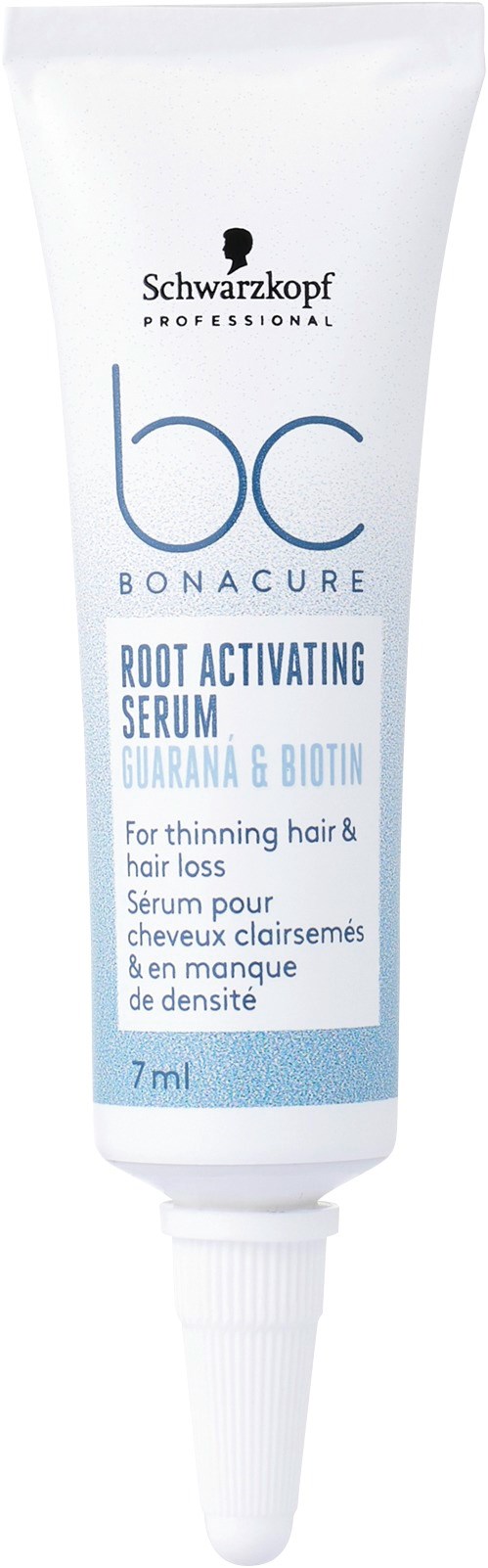 En tub med Schwarzkopf Professional BC Bonacure rot-aktiverande serum med guarana och biotin för tunnare hår och håravfall.