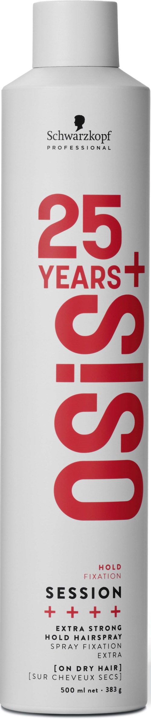 A tall white spray can with red and black text, celebrating 25 years, labeled 'OSiS+'.