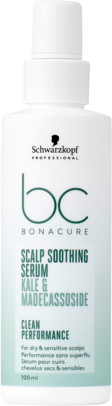 En vit flaska med pump, märkt Schwarzkopf Professional BC Bonacure hårbottenlugnande serum med naturliga ingredienser.