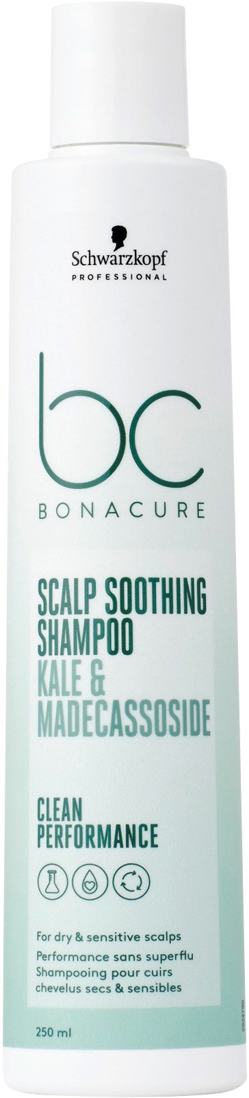 En hvid flaske Schwarzkopf Bonacure scalp soothing shampoo til tør og følsom hovedbund, med teal og sort tekst, 250 ml.