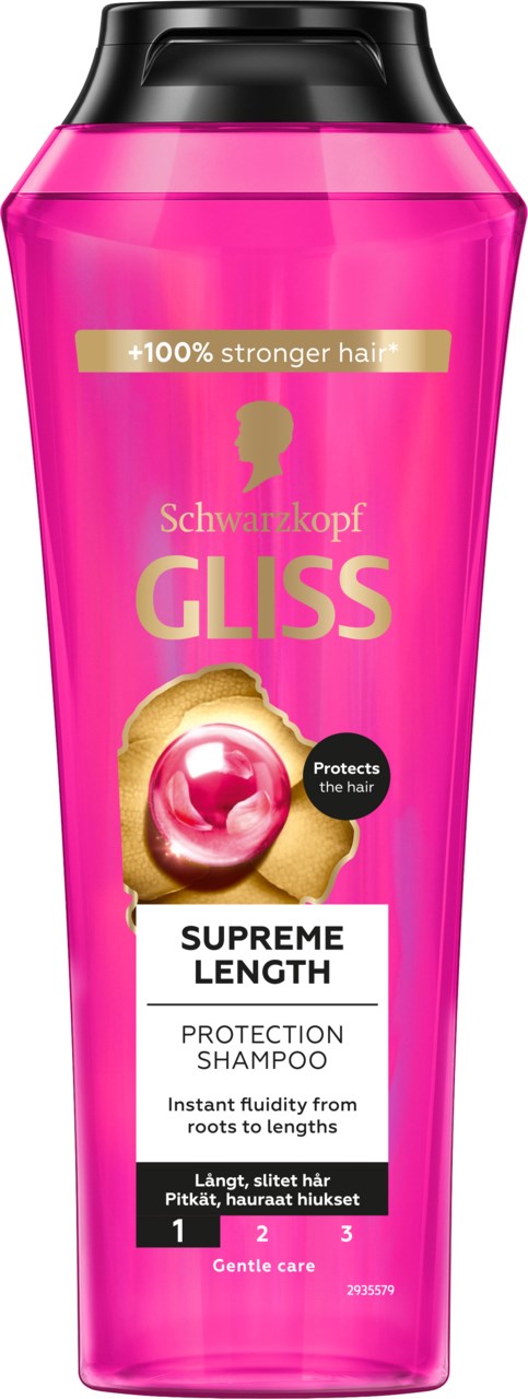 Pink shampoo bottle with gold and black details, labeled as Gliss Supreme Length Protection Shampoo, for stronger hair.