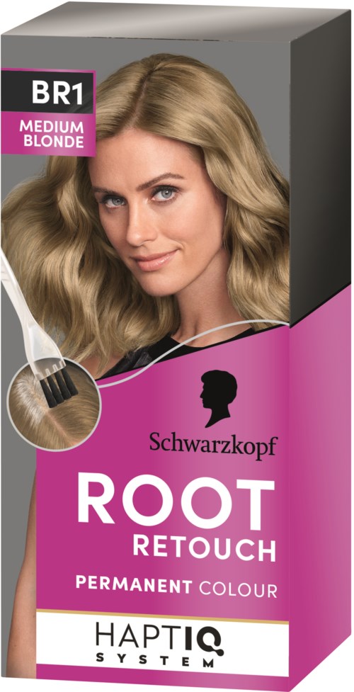 Förpackning för Schwarzkopf hårfärg i medium blonde, märkt som rotretusch med permanent färg.