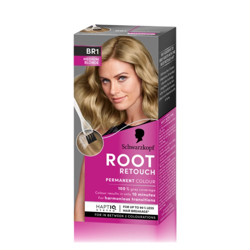 En kvinna med långt, blont, vågigt hår på en hårfärgbox märkt "Schwarzkopf ROOT RETOUCH."