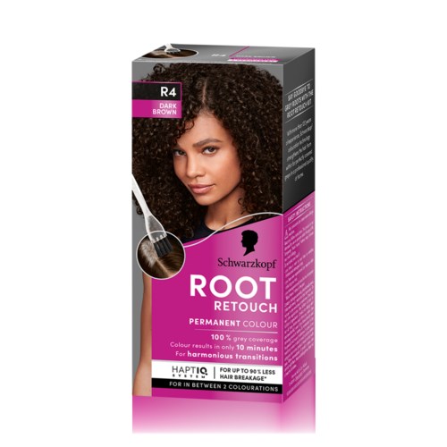 En förpackning av Schwarzkopf ROOT RETOUCH hårfärg för mörkbrunt hår, avsedd för upp till 50% grå täckning.