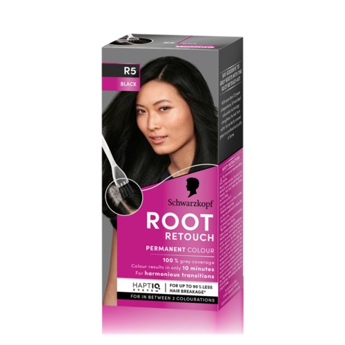 Svart hårfärgförpackning med en kvinna som visar sitt glänsande, mörka hår. Inkluderar märket Schwarzkopf och produktdetaljer.