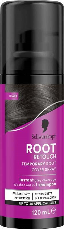 En svart og lilla sprayboks merket Schwarzkopf ROOT RETOUCH for rask grå hårfjerning.