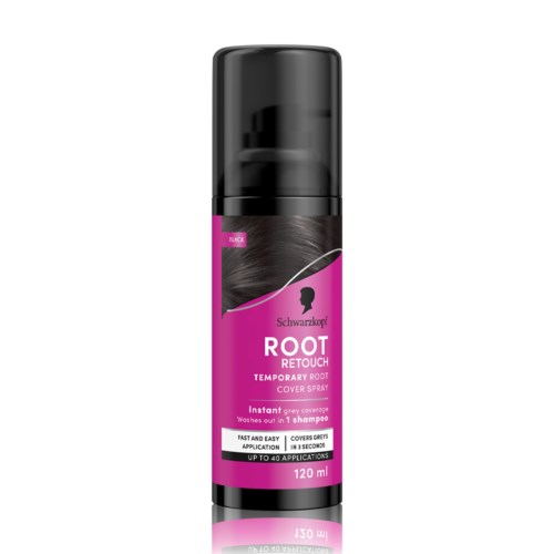 En svart og rosa sprayboks merket Schwarzkopf Root Retouch for midlertidig grå rotdekning.