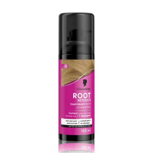 En sprayflaska för tillfällig täckning av grå utväxt, med rosa och svart förpackning och en hårillustration.