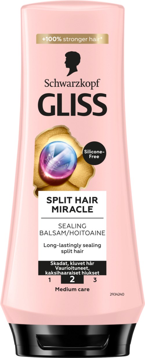 Pink flaska med Schwarzkopf Gliss split hair miracle balsam. Långvarig tätning, silikonfritt, medelvård, reparerar kluvna hårändar.