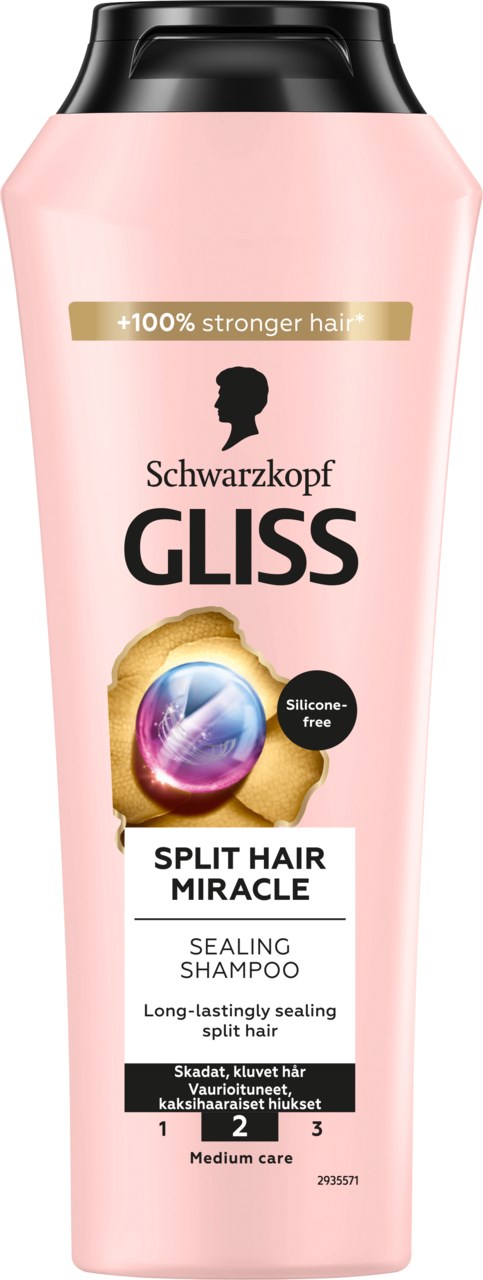 Roze fles met Gliss Split Hair Miracle, versterkend en afsluitend shampoo voor gespleten haarpunten, met zwarte dop.