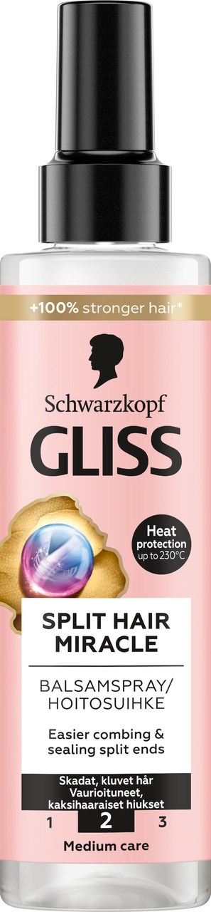 Een sprayfles voor geknipt haar met roze en gouden label, hittebescherming en medium verzorgingsniveau.