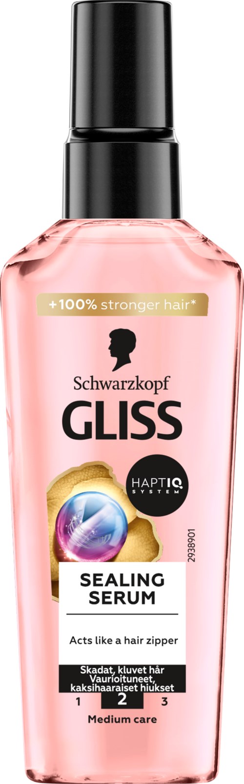 Ljusrosa flaska med svart lock, märkt Gliss Sealing Serum, för hårvård, fungerar som en hårzipper, medelvård.
