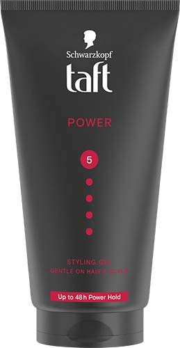 En sort tuben Schwarzkopf Taft Power stylingsgel med pink og hvid tekst, der varer op til 48 timer.