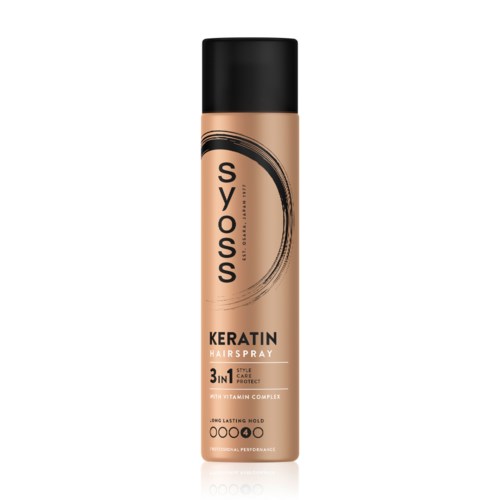 Eine Flasche Syoss Keratin Hairspray mit schwarzem Deckel und beigeem Körper, mit Text und Designelementen.