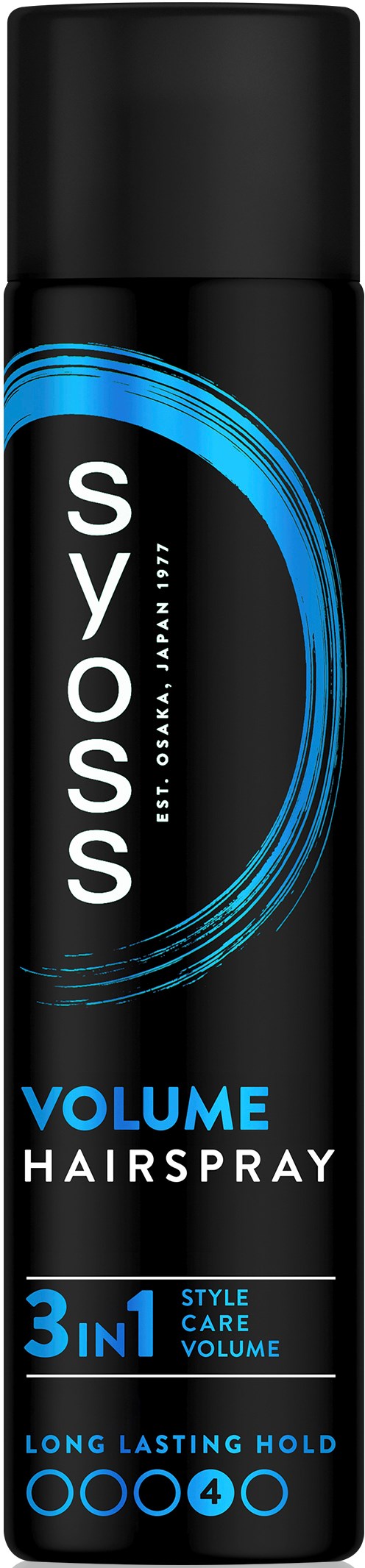 Svart sprayboks med blå detaljer som reklamerer volumensprays med langvarig hold, 3-i-1 stylingpleie og ulike volumnivåer.
