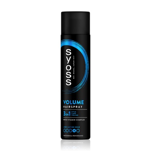 En svart boksav Syoss volum hårspray med blå detaljer, merket som 3-i-1 for styling, pleie, og hold.