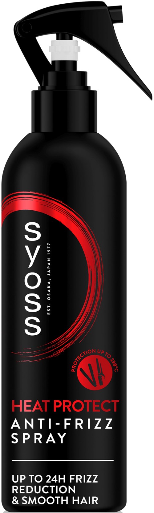 A black spray bottle with a trigger cap, labeled 'Svoss Heat Protect Anti-Frizz Spray', for hair styling.