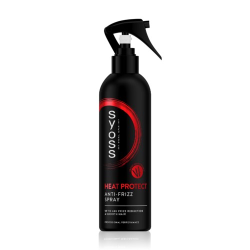 Black spray bottle with red and white label, named Syoss Heat Protect, used for hair styling.