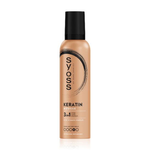 Eine beigefarbene Sprühflasche mit 'Syoss Keratin Mousse' beschriftet, schwarzer Deckel, für langanhaltenden Halt und Vitamine.