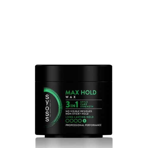 Ein schwarzer Behälter mit "Max Hold Wax" Beschriftung in Grün und Weiß, fördert Stil, Stärke und lang anhaltenden Halt.