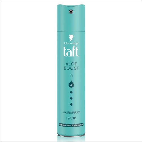 A teal hair spray can with a spray nozzle, labeled Taft Aloe Boost with aloe vera and niacinamide.