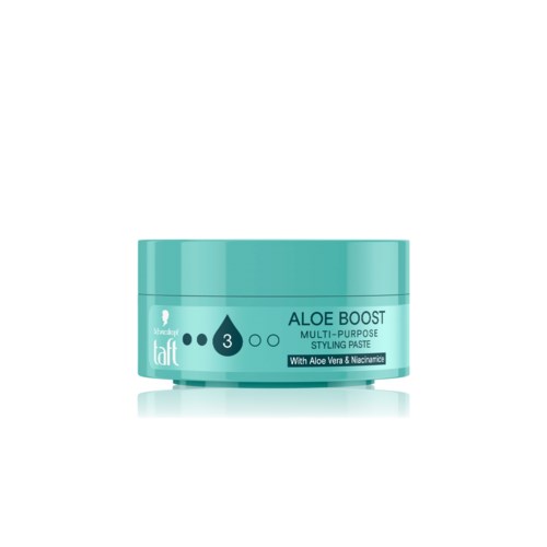 Een turquoise container met label 'Aloe Boost' voor multi-inzetbare stylingpasta met aloë vera en niacinamide.