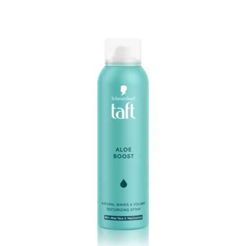 En lyseblå sprayflaske mærket 'TAFT Aloe Boost' til hår, med Aloe Vera og Niacinamide, designet til volumen.