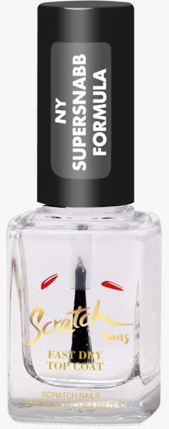 En genomskinlig nagellackflaska med svart lock märkt 'NY Supernail Formula' och en pensel inuti.