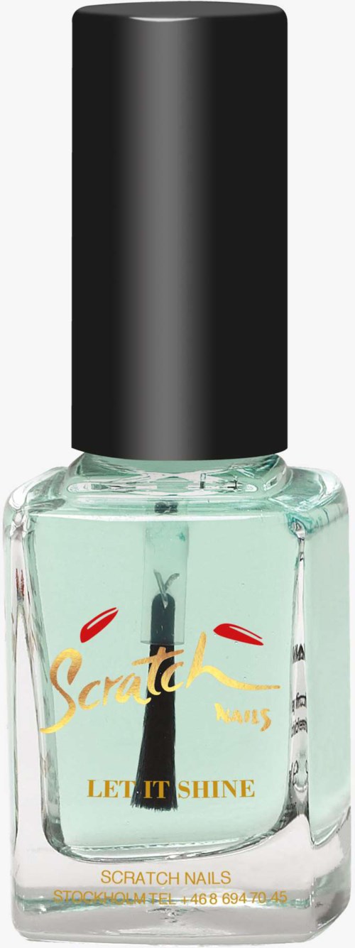 En flaska nagellack i mintgrönt med svart lock och orange och gul etikett som säger "Let It Shine."