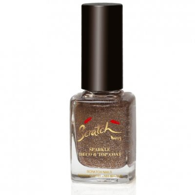En liten tydlig flaska med glittrande guldnagellack och ett svart lock.