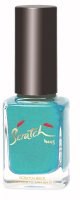 Light blue nail polish bottle with pink and white cursive text, and a black cap.