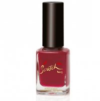 Eine Flasche mit rosa-redem Nagellack, schwarzem Deckel und einem Etikett.