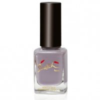 Ein Nagellackflasche mit lila Farbe und schwarzem Deckel.
