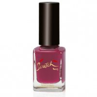 Eine rosa Nagellackflasche mit schwarzem Deckel und goldenem Logo.
