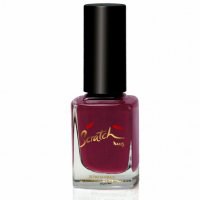 A bottle of pink nail polish with a black cap and a brand logo on the front.
