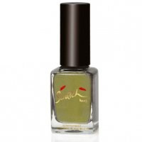 A small nail polish bottle with a dark brown cap and light greenish-yellow polish inside.