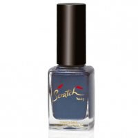 A bottle of blue nail polish with a black cap and colorful logo on the front.
