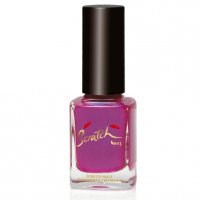 Pink nail polish bottle with a black cap and the words 'Swatch' written on the label.