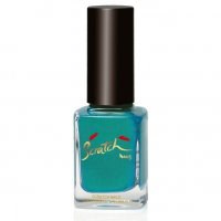 A teal nail polish bottle with a black cap, featuring a red and yellow logo on the front.