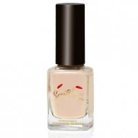 A clear glass bottle with beige nail polish, black cap, and a logo on the front.
