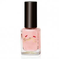 A pink nail polish bottle with a black cap and a gold logo on the front.