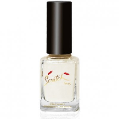 Clear nail polish bottle with black cap and gold writing that says 'Scratch Nail' and some red accents.