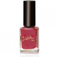 A pink nail polish bottle with a black cap. The label says 'Swatch' in gold. Bright and simple design.