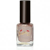 A nail polish bottle with a black cap, containing shiny, glittery pink nail polish. No other objects present.