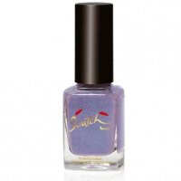 A bottle of purple nail polish with a black cap and a red-yellow logo.