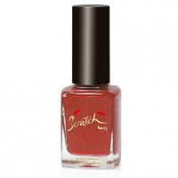 Red nail polish bottle with a black cap and gold writing on the label.