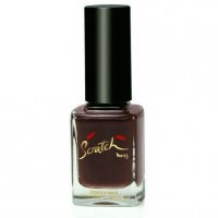 A bottle of dark red nail polish with a black cap and yellow text label.